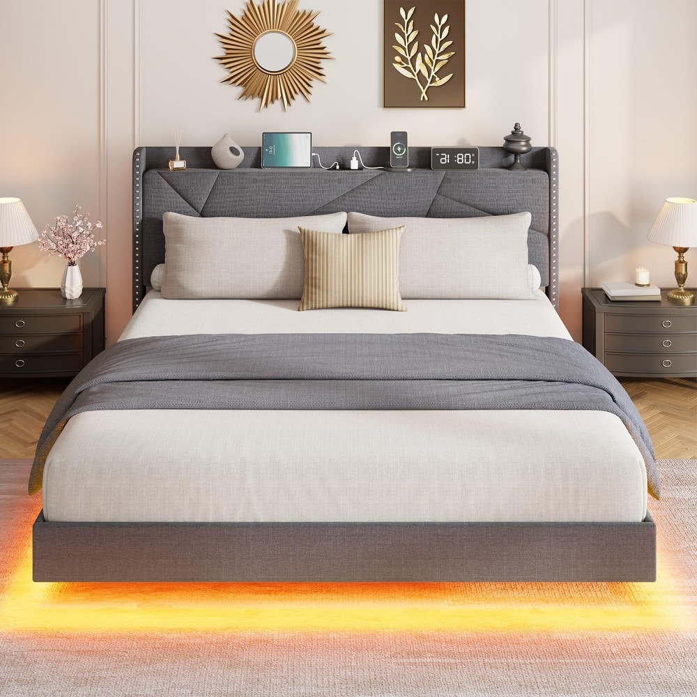 Floating Bed Frame, with RGB LED Lights and Charging Station