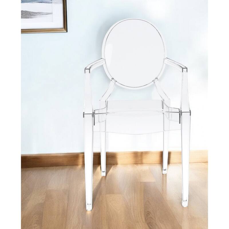 Contemporary Clear Arm Chair with Plastic Frame and King Louis Back for Dining or Accent Use - 36”H x 20”W x 19”D