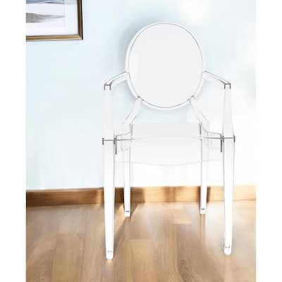Contemporary Clear Arm Chair with Plastic Frame and King Louis Back for Dining or Accent Use - 36”H x 20”W x 19”D