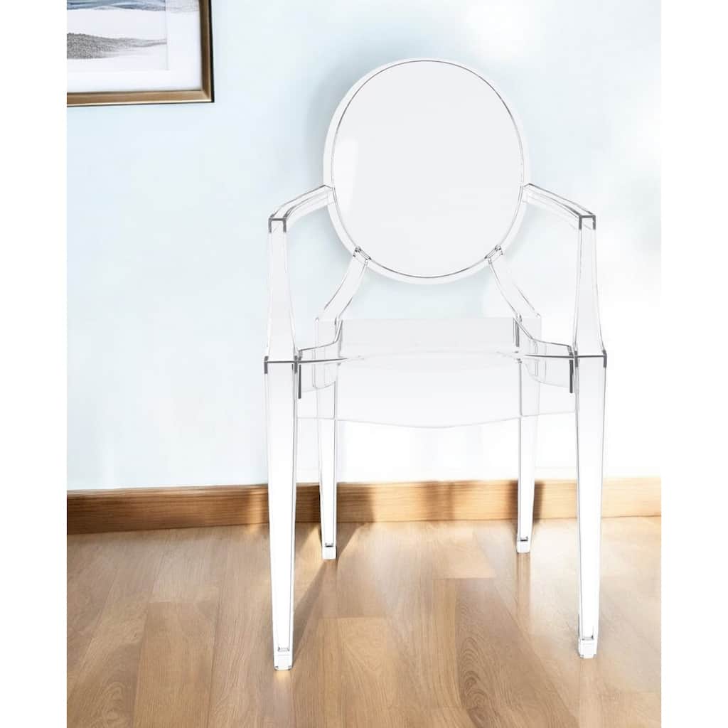 Contemporary Clear Arm Chair with Plastic Frame and King Louis Back for Dining or Accent Use - 36”H x 20”W x 19”D
