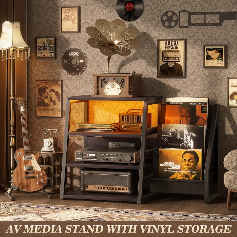 4-Tier Record Player Stand with Vinyl Record Storage ＆ LED Light ＆ Charging Station, Record Player Table, Media Console