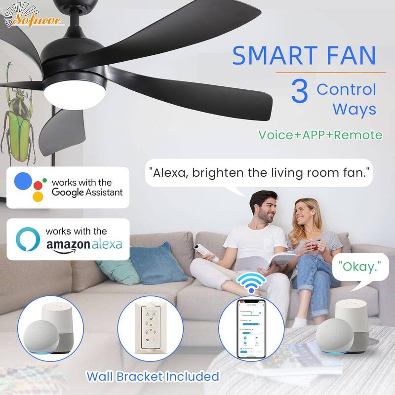 52 Inch Ceiling Fan with Remote & Lights Quiet DC Motor 5 Blade High CFM Modern Fan