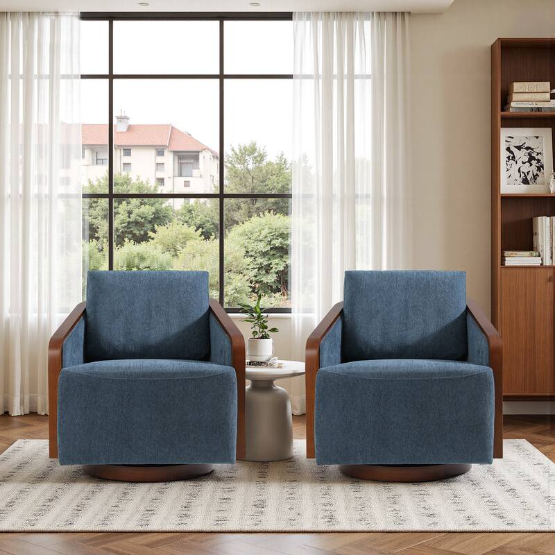 Set of 2 Modern 360° Swivel Accent Barrel Chairs with Wood Arms