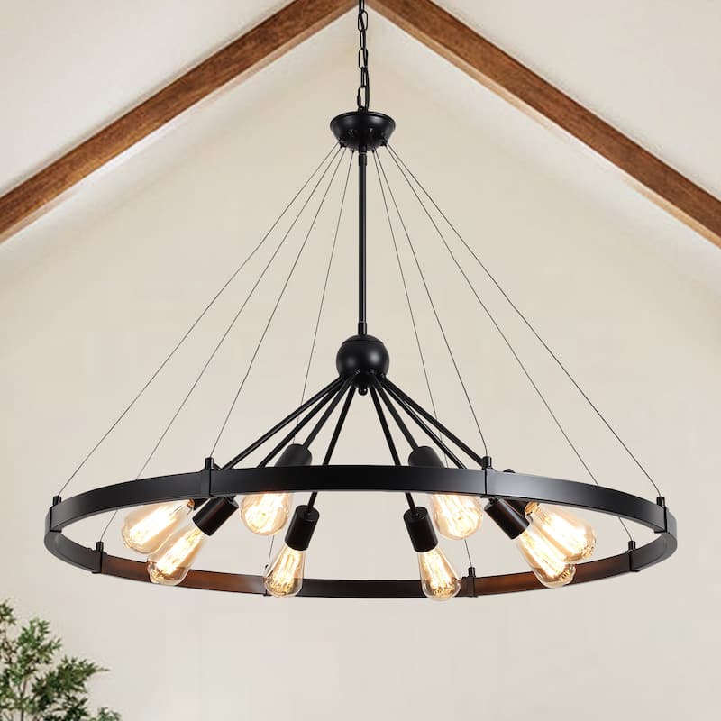 8-Light Farmhouse Wagon Wheel Chandelier with Adjustable Chain - Black