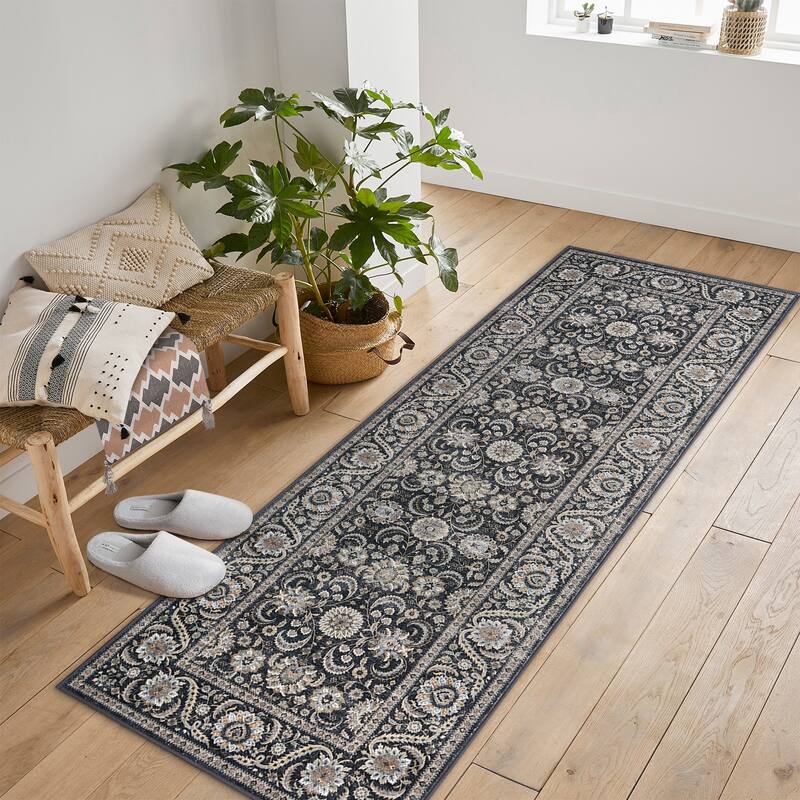 Washable Area Rugs for Living Room Stain Resistant Carpet Vintage Rugs Bedroom Low Pile Non Slip Accent Carpet - 2' x 6' Runner - Black