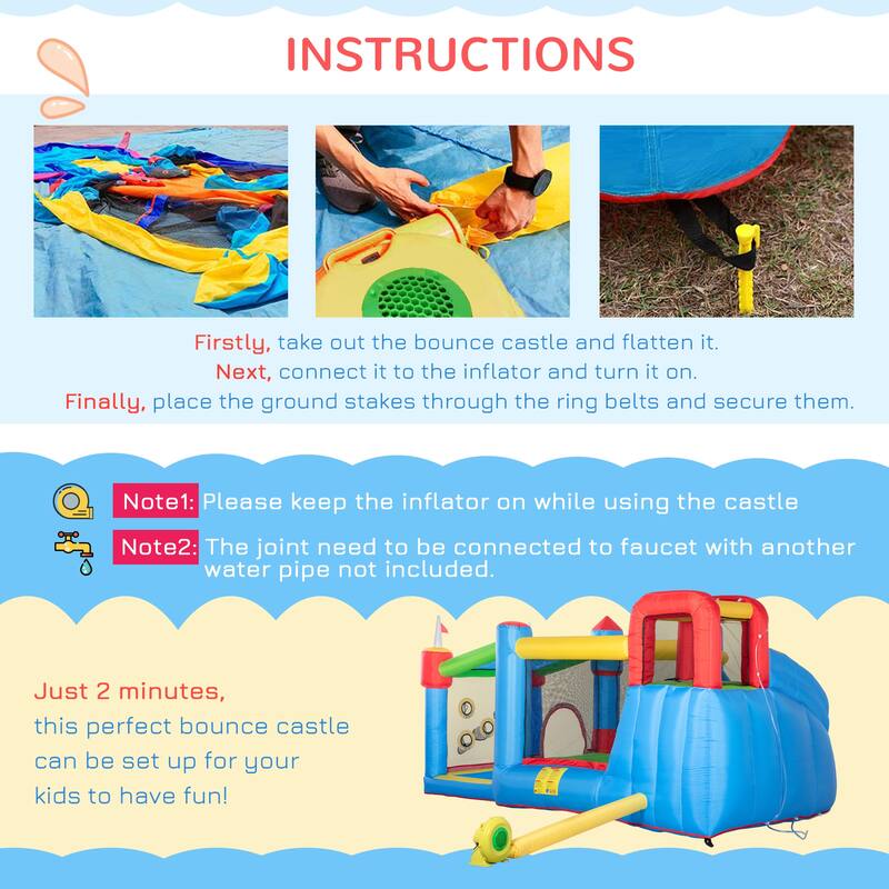 Outsunny 6-in-1 Inflatable Water Slide, Kids Water Park Castle Bounce House with Pool, Slide, Trampoline, Climbing throwing Wall