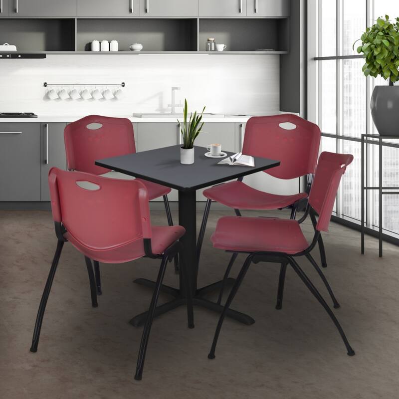 30" Square Breakroom Table- Grey & 4 'M' Stack Chairs- Burgundy - Burgundy, Grey - 30