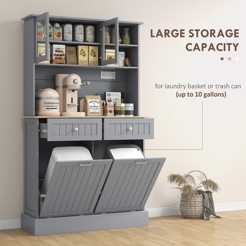 68" Kitchen Pantry Storage Cabinet with Charging Station, 2 Tilt Out Trash Cabinets and Microwave Stand, Freestanding