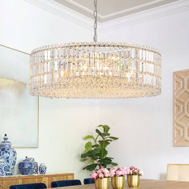 12-Lights Modern Drum Glam Dimmable Crystal Chandelier Round Kitchen Island Light - W31.5" - Chrome