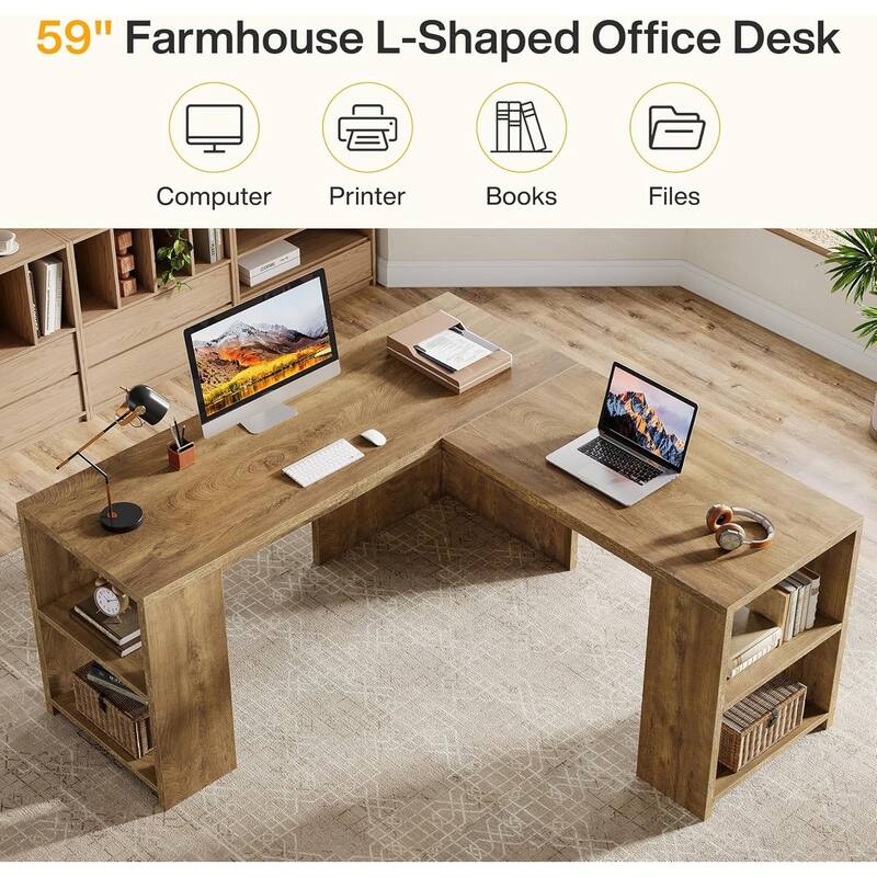 59" L Shaped Executive Desk with Storage Shelves, Corner Computer Desk for Home Office, Brown