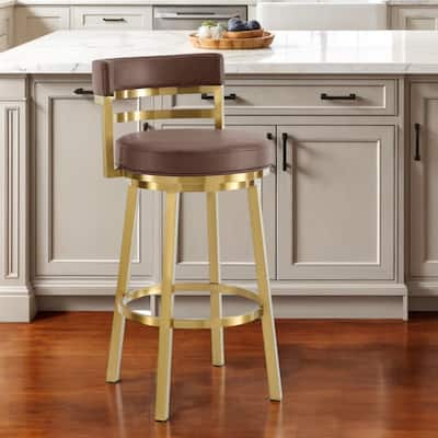 HomeRoots 26" Coffee and Gold Faux Leather and Stainless Steel Low Back Counter Height Swivel Bar Chair