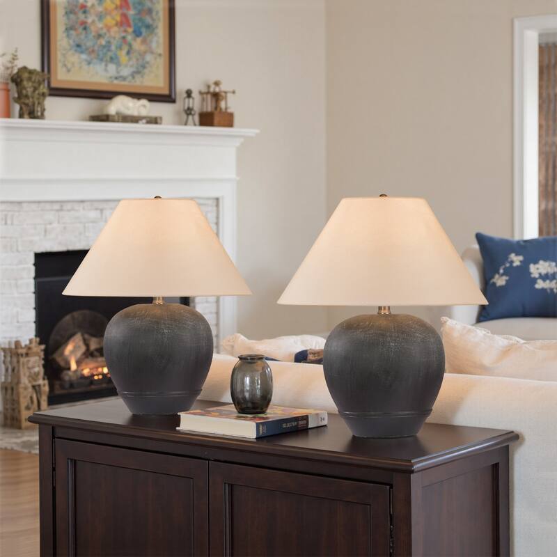 2 Pack Global Ceramic Accent Table Lamp with Linen Shade - Large size: 21"H x 18"W x 18"D - Black Smudged