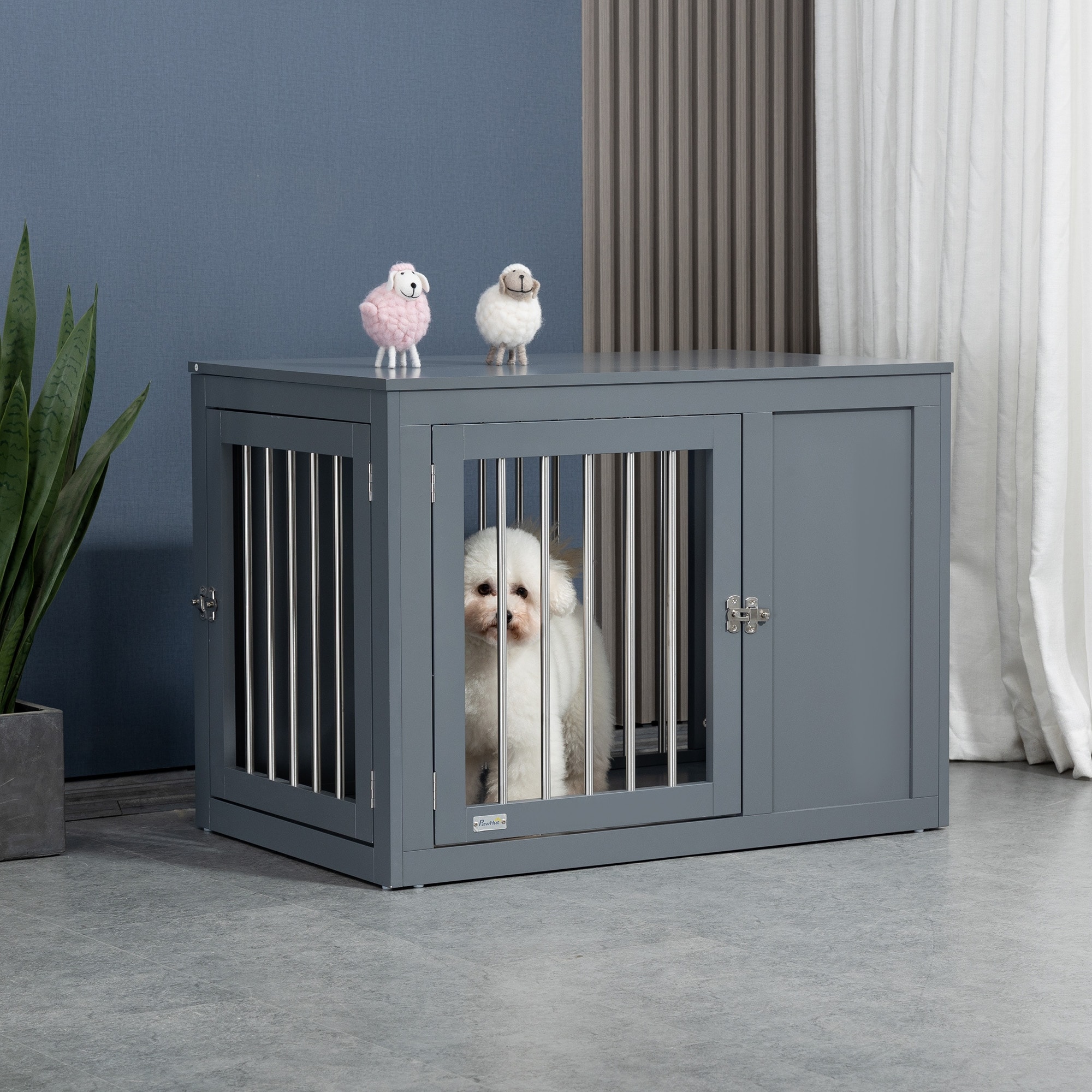 PawHut Wooden Dog Crate Furniture Wire Pet Cage Kennel, End Table