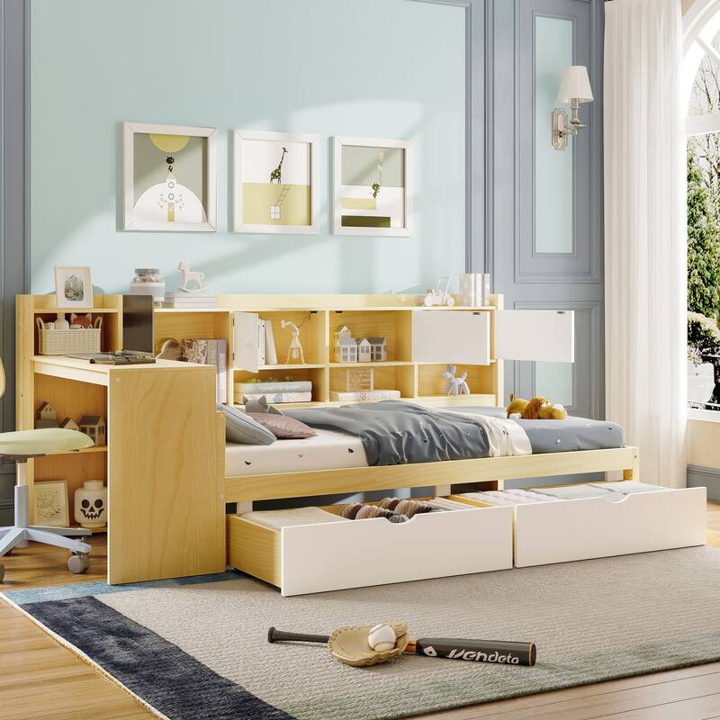 L-Shape Storage Headboard Daybed Sofa Bed, Wooden Panel Bed Frame with Study Desk and 2 Storage Drawers - Naturalwhite - Twin