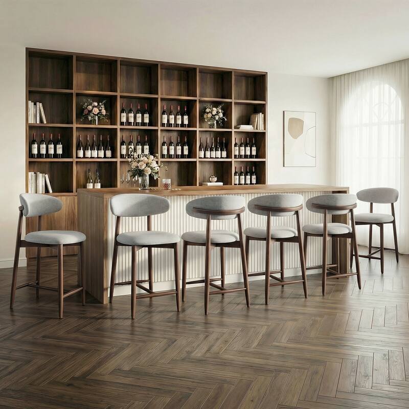 Mid-Century Modern Upholstered Bar Stools Counter Height Wooden Bar Chairs with Backrest Footrest - Light Grey - Set of 6