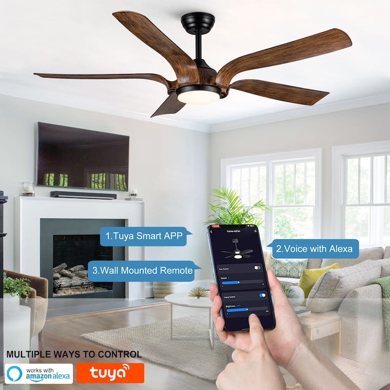 YUHAO 66 in. Integrated LED Farmhouse Indoor Brown Smart Ceiling Fan with Distressed Wood Blades and Remote Control