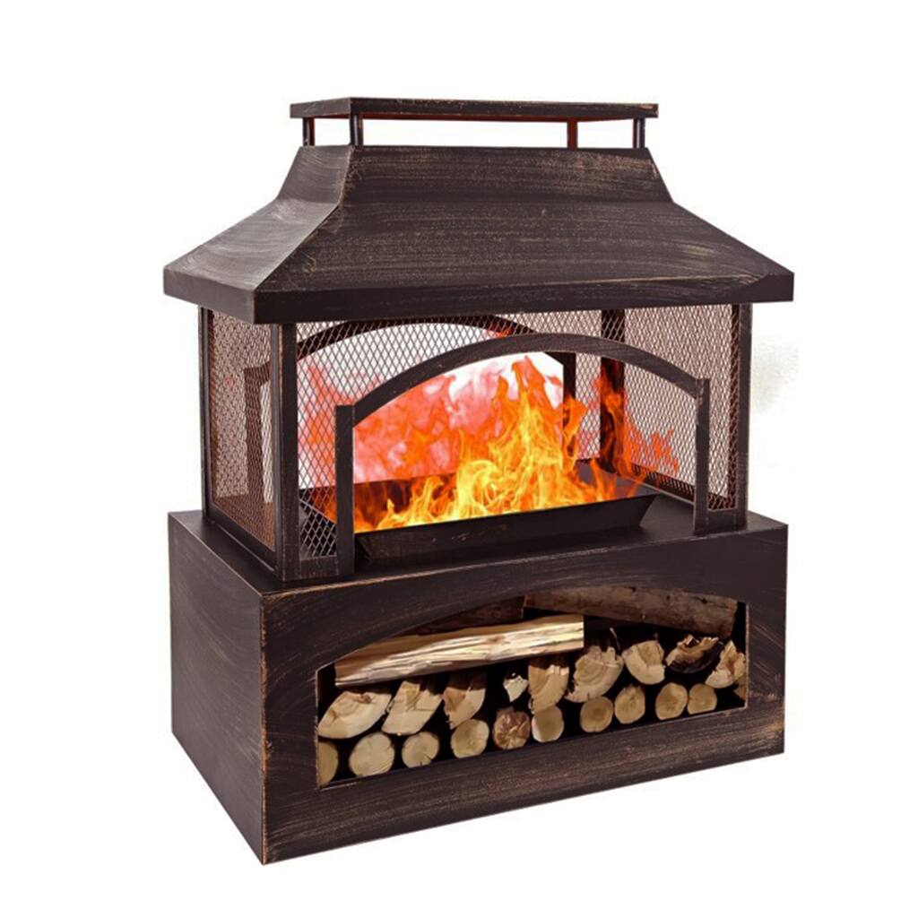 32 inch Durable Steel Rectangular Freestanding Wood Burning Fireplace with Log Rack