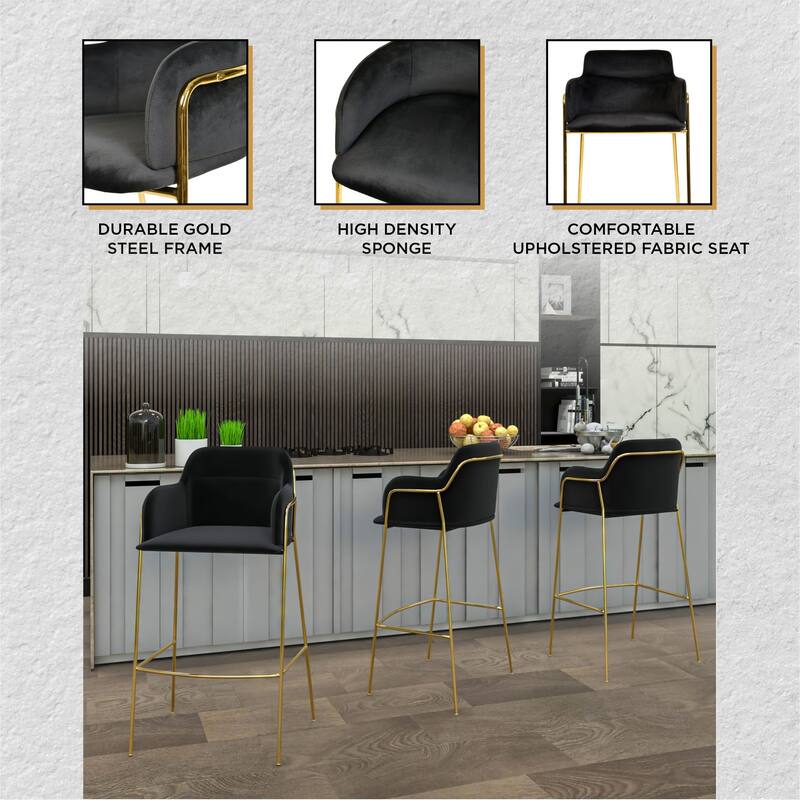LeisureMod 40" Low-Back Velvet Upholstered Bar Stool with Gold Stainless-Steel Frame for Home Living Room Kitchen & Bar