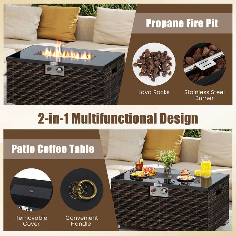 Costway 2 PCS Outdoor Rattan Fire Table Set with Tank Cover Tempered - See Details