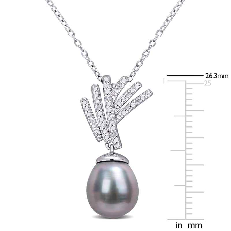 Miadora 9.5-10mm Black Tahitian Cultured Pearl and Diamond Accent Drop Sterling Silver
