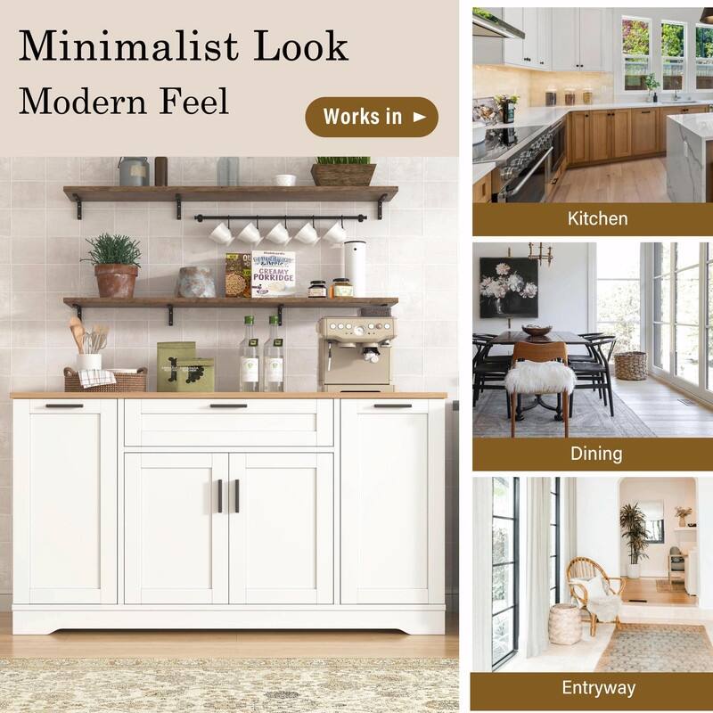 Multi-Functional Storage Sideboard & Extendable Dining Table with Adjustable Shelves, 3-Tier Pull-Out Rack