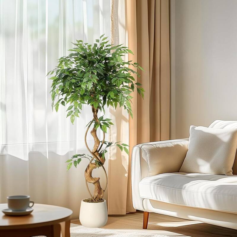 Artificial Faux Silk Ficus Tree with Curved Trunks for Indoor Home Decor - 4 ft