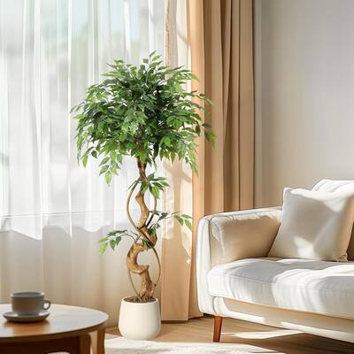 Artificial Faux Silk Ficus Tree with Curved Trunks for Indoor Home Decor