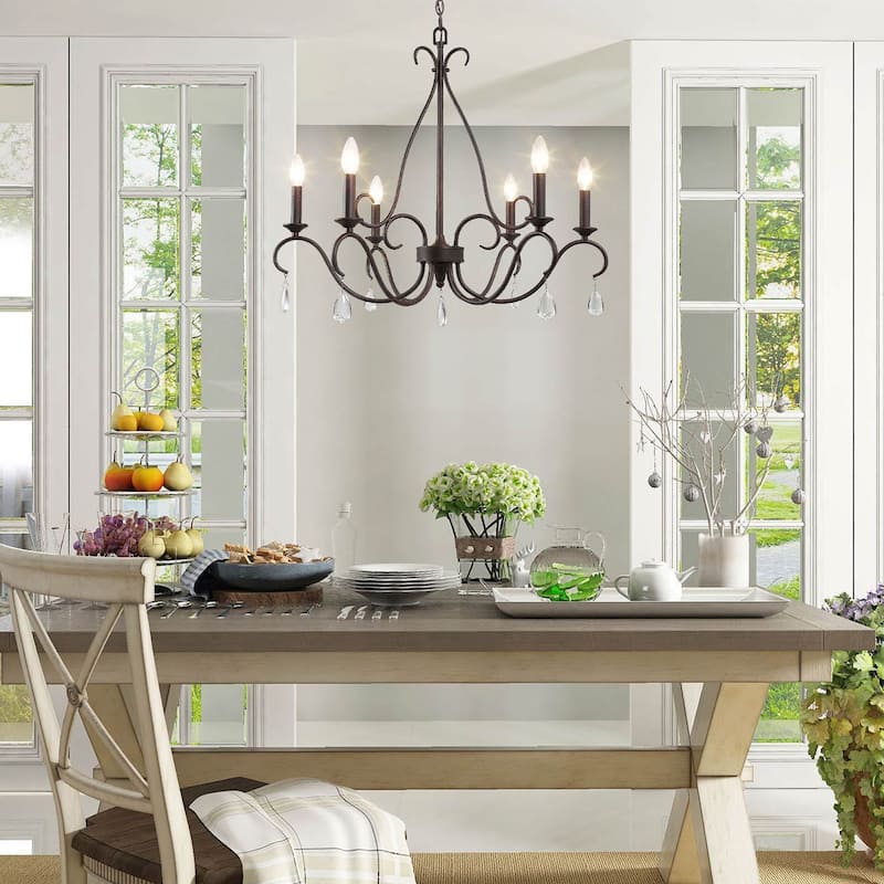 Modern Farmhouse 6-Light 28" Classic Candle Chandelier with Crystal Drop - D28" x H25.5"