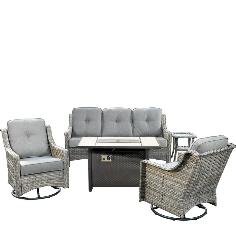 HOOOWOOO 5-piece Wicker Outdoor Furniture Swivel Chairs Set with Fire Pit
