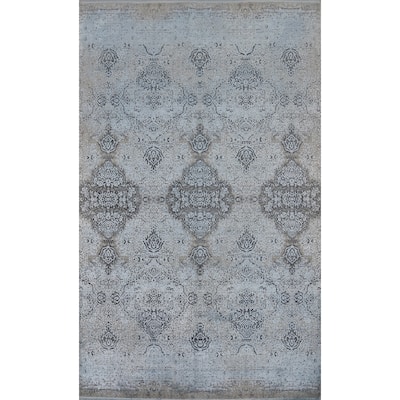 Machine Made Oriental Polyester Carpet Geometric Greys & Charcoal Distressed Area Rug - 7' 5'' X 5' 2''