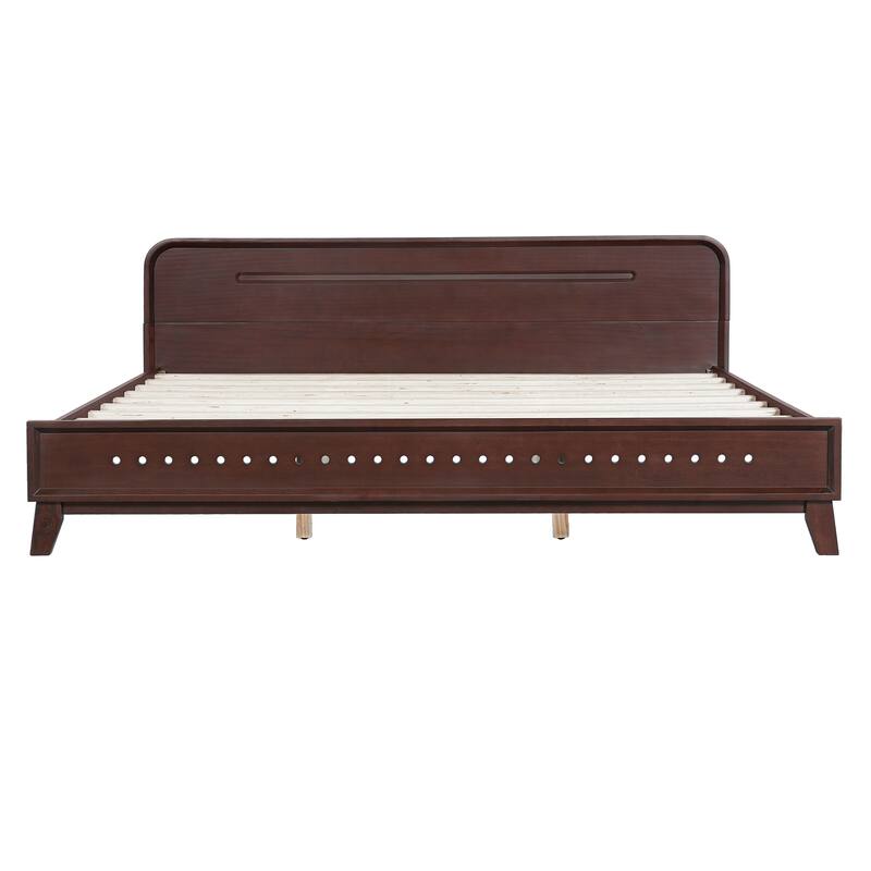 Rustic Pine Wood Bed Frame Low-Profile Platform Bed with Panel Headboard Solid Wood Slat Support and Extra Wide Thickened Legs