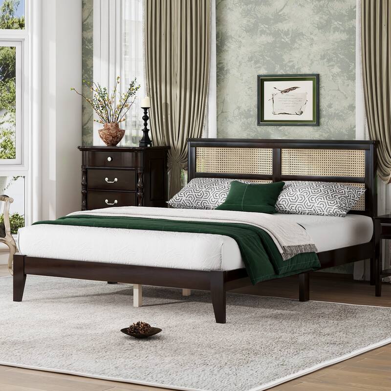 Queen Size Solid Wood Bed with Rattan Headboard, Espresso Finish, Underbed Storage
