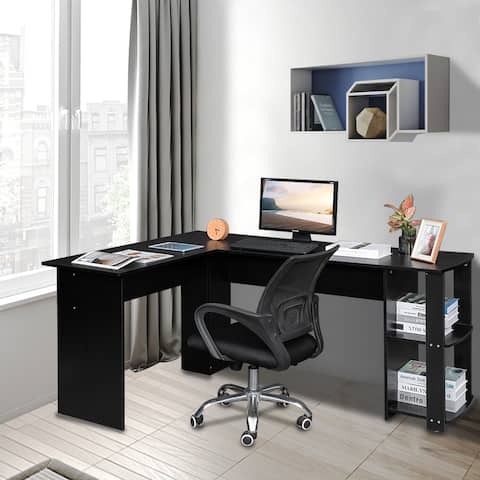 52" L-Shaped Study Desk Wood Computer Desk with 2-layer Bookshelves