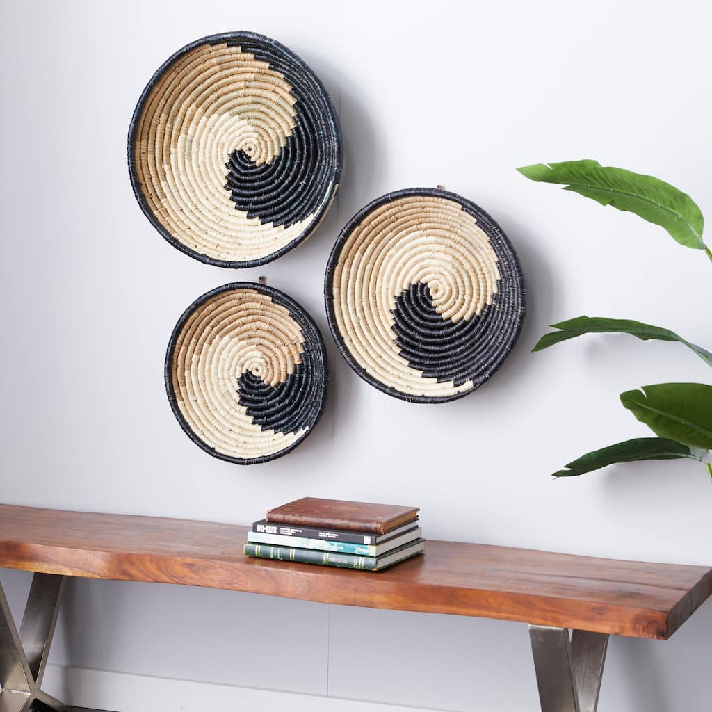 Black Seagrass Handmade Spiral Basket Plate Home Wall Decor (Set of 3)