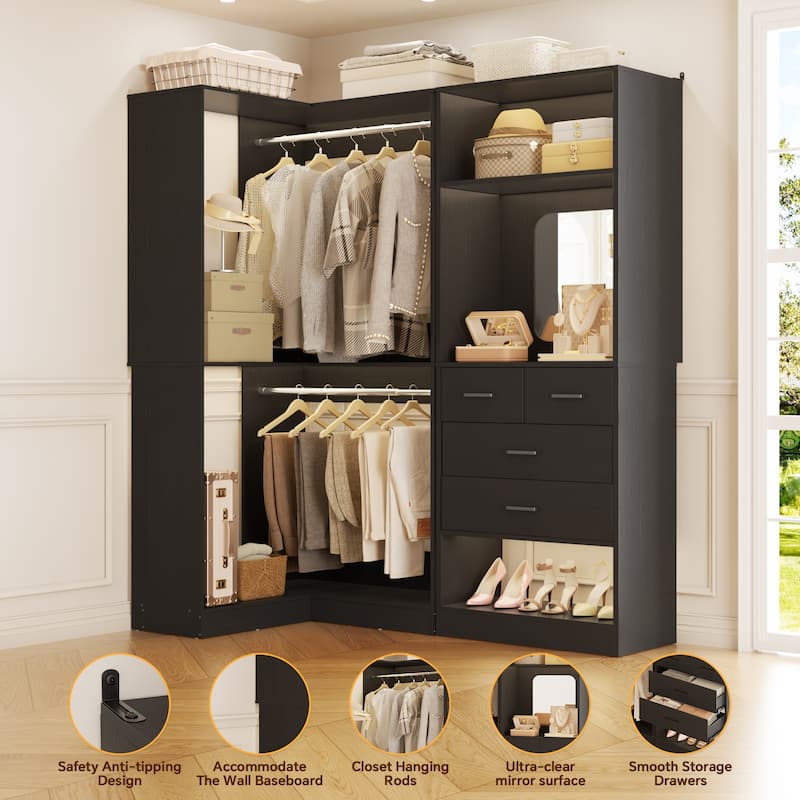Cimly Set of 2 Corner Closet System WITH Drawers, Freestanding Closet Organizer with Hanging Rods and Shelves