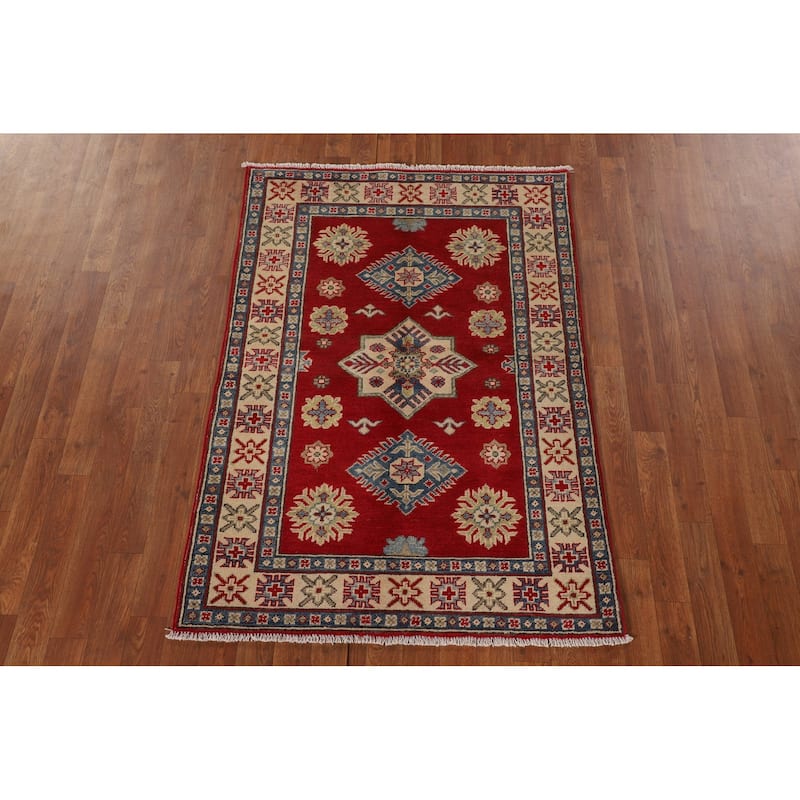 Red Geometric Kazak Oriental Accent Rug Hand-Knotted Wool Carpet - 3'4"x 4'10"