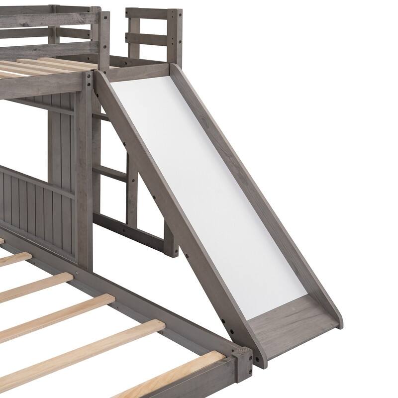 House Bunk Beds with Slide, Wood Twin Over Full Bunk Beds with Roof and Guard Rail for Kids, Toddlers