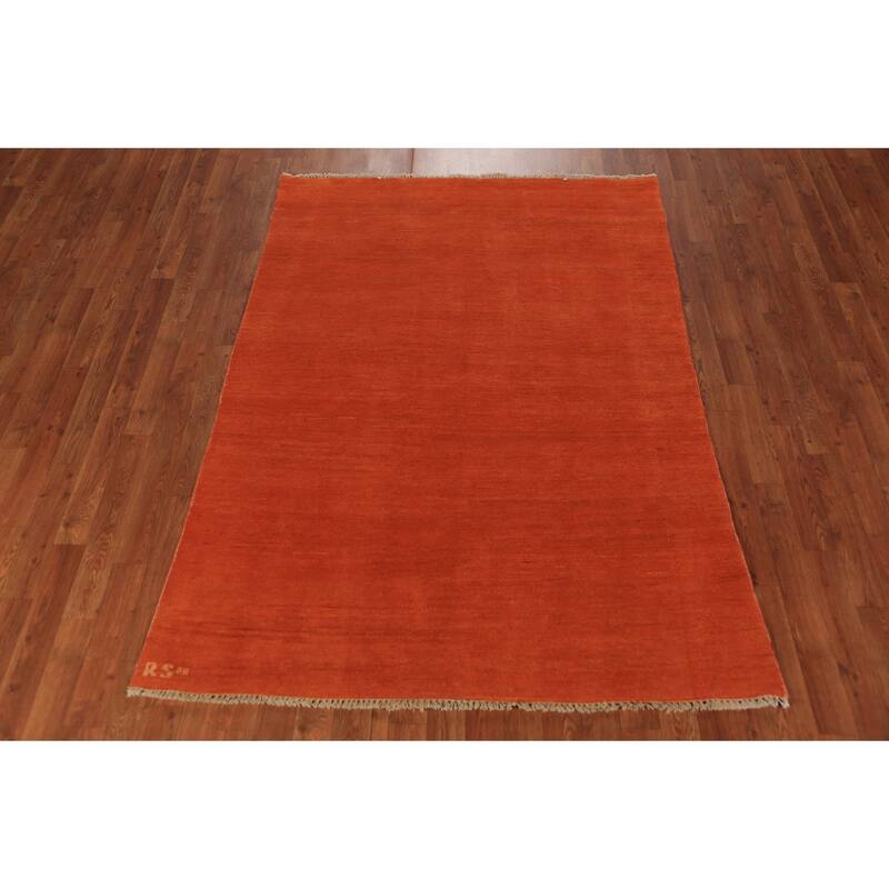 Orange Modern Gabbeh Area Rug Oriental Hand-Knotted Wool Carpet - 4'8" x 6'4"