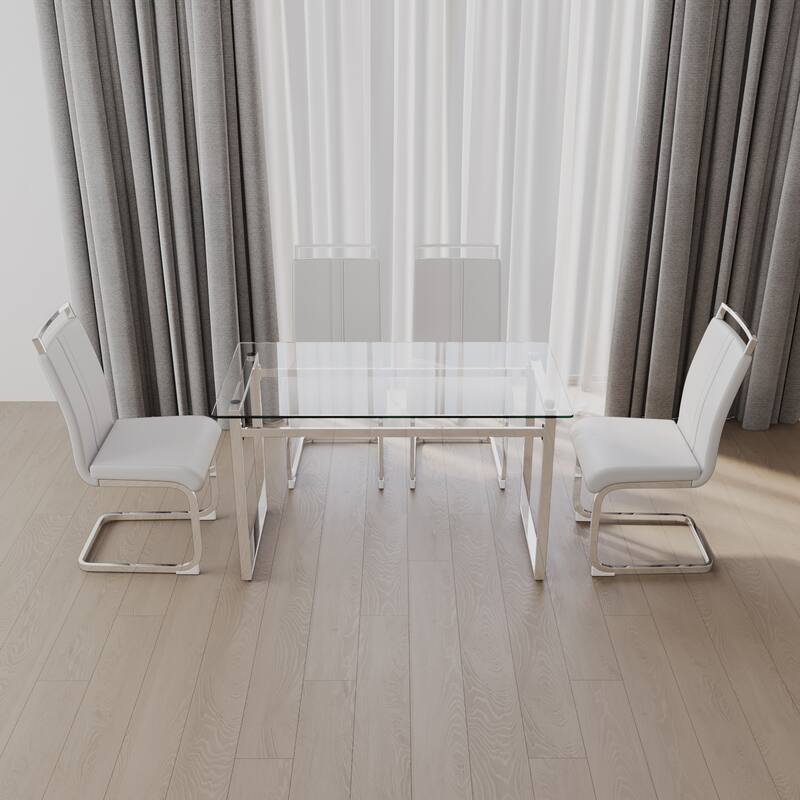 Modern 5-Piece Dining Set with Rectangular Glass Table & High Back Silver-Plated Legs Dining Armless Chairs - White