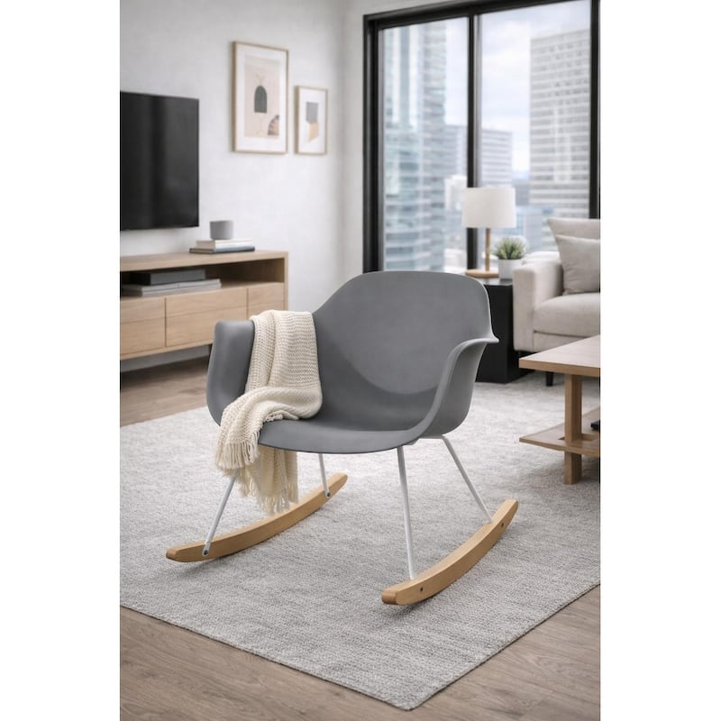 Modern Rocking Chair Molded Plastic Armchair with Wooden Rockers and White Metal Frame