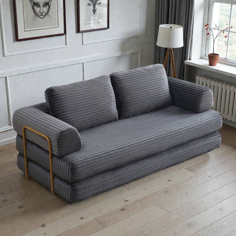 Convertible Sofa Bed Futon, Corduroy Folding Floor Couch with Pillows, Boneless Sleeper Mattress for Living Room