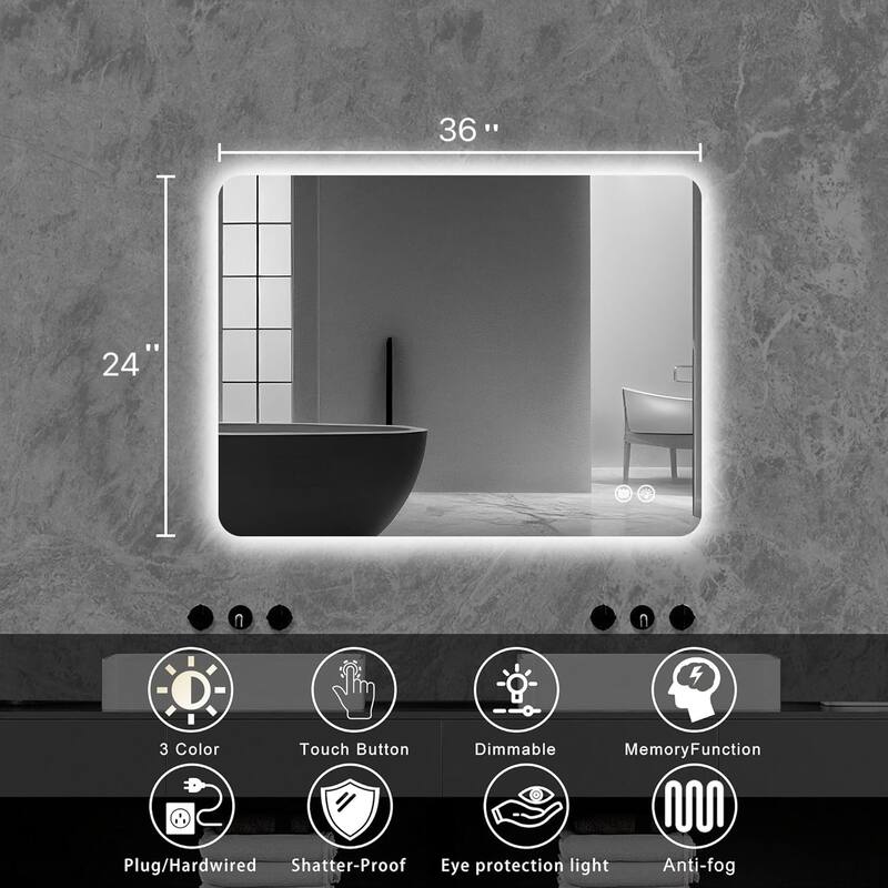 GDFStudio - Meridian Modern Rectangular Backlit Bathroom Wall Mirror, Adjustable LED Lighted, Memory & Aniti-Fog Function
