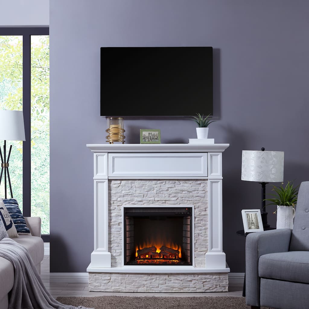48 in. Freestanding Wood Smart Electric Fireplace TV Stand in White with plug-in heater functionality