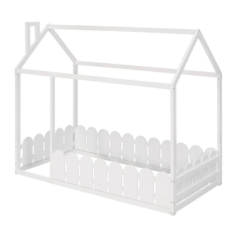 Playful Twin Wood Bed Frame with House Design for Boys and Girls