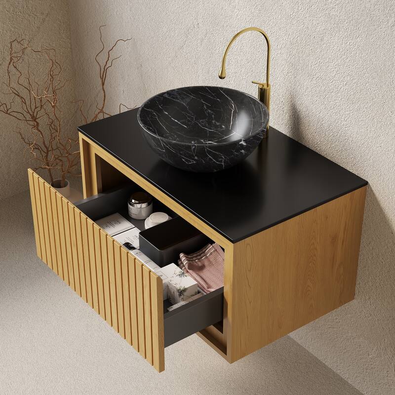 GDFStudio - Kolas Modern 30" Floating Bathroom Vanity, Corolla Oak Finish & Black Sintered Stone Countertop, WITHOUT Faucet - Black