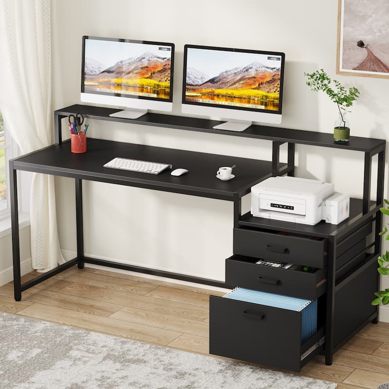 63 Inch Computer Desk with 3 Drawers, Modern Office Table with Monitor Stand and Printer Space for Home Office