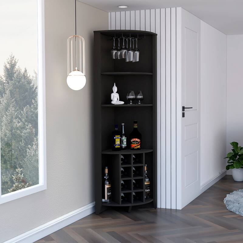 Modern Corner Bar Cabinet with 8 Wine Storage Racks, 3 Shelves, and Side Storage Shelves