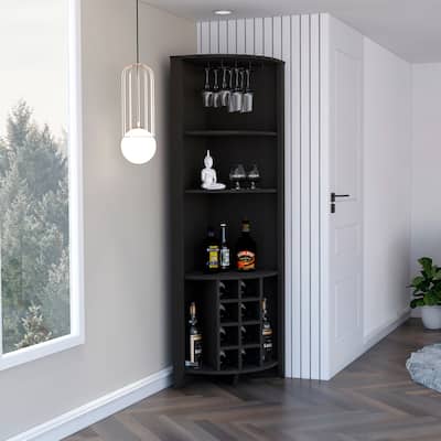 Modern Corner Bar Cabinet with 8 Wine Storage Racks, 3 Shelves, and Side Storage Shelves