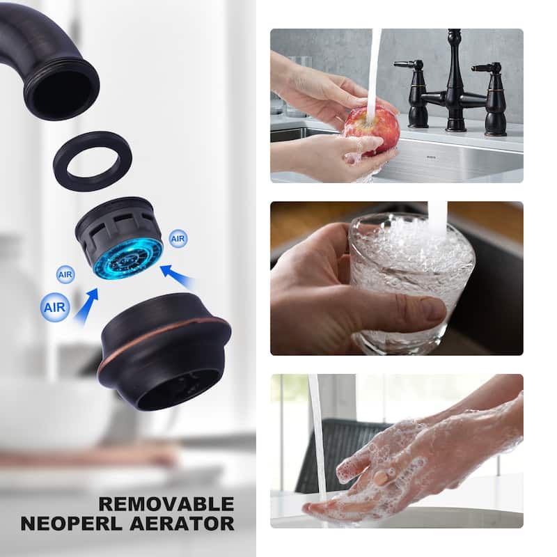 WOWOW 4 Hole Double Handle Bridge Kitchen Faucet with Side Sprayer