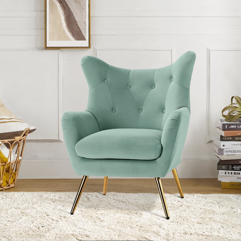 Eusebio Tufted Velvet Accent Chair with Wingback, Arms, and Metal Gold Legs for Living Room or Bedroom by HULALA HOME